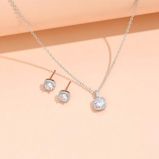 Female Minimalist Niche Square Diamond Necklace Earring Set