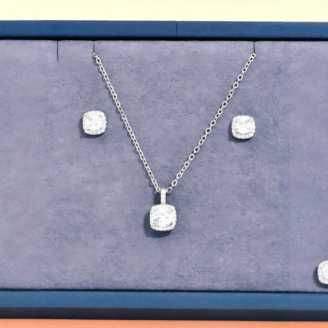 Female Minimalist Niche Square Diamond Necklace Earring Set