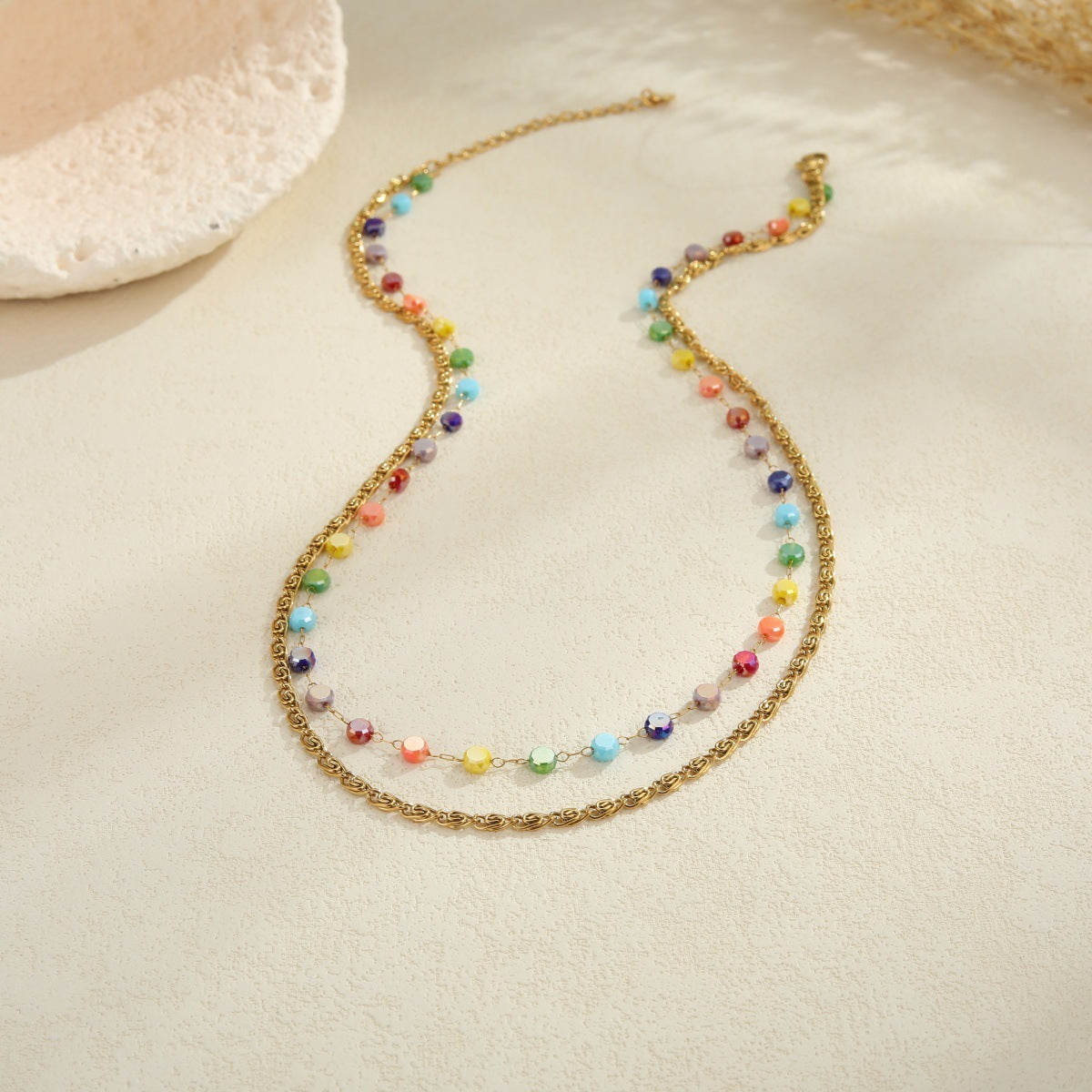 Colorful Beaded Stainless Steel Necklace Gold-plated Double Layer Twin All-match Clavicle Chain
