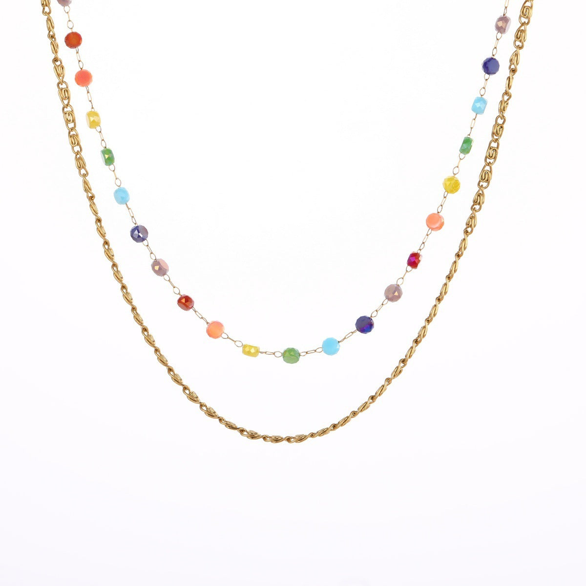 Colorful Beaded Stainless Steel Necklace Gold-plated Double Layer Twin All-match Clavicle Chain