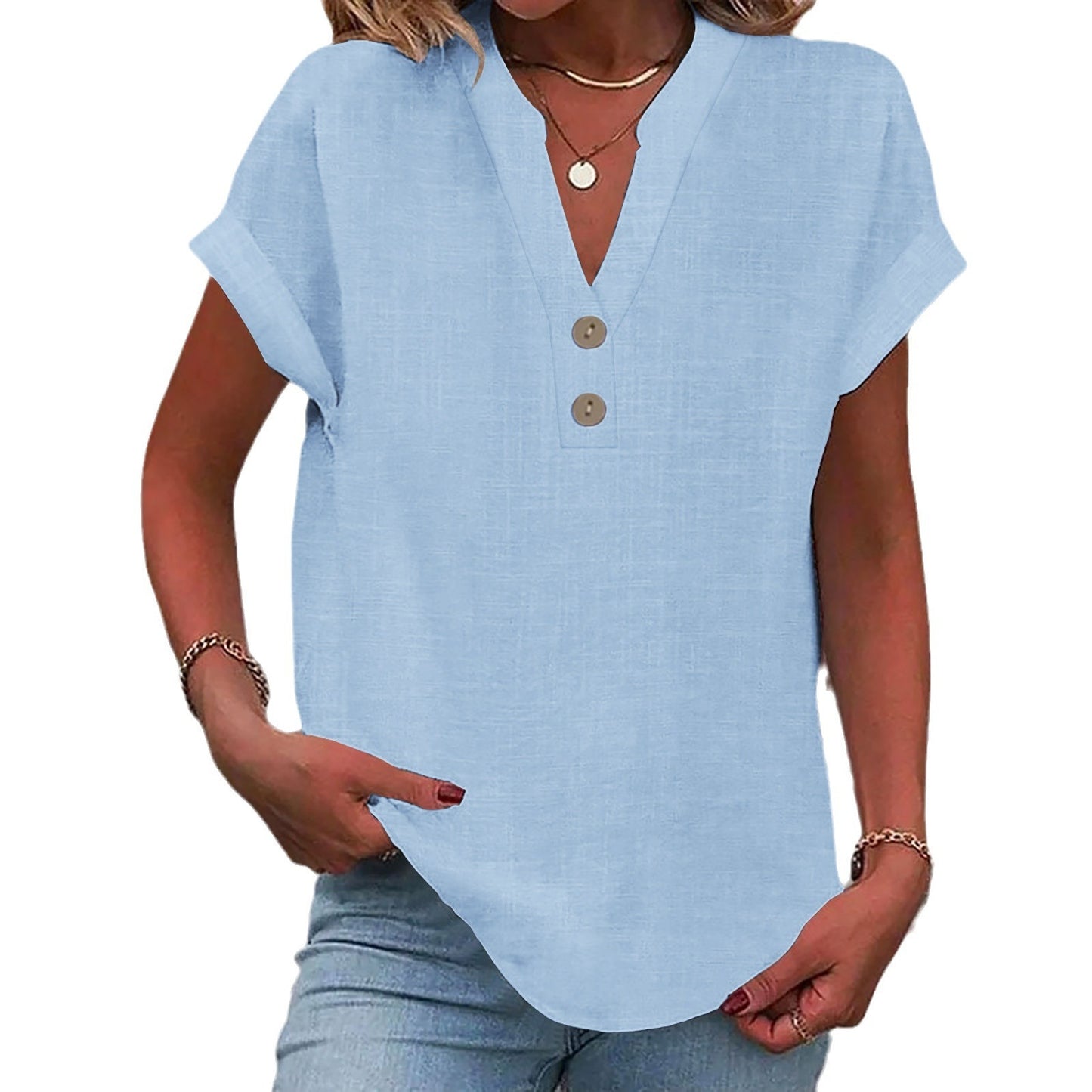 Stand Collar Button Short Sleeve Women's Shirt