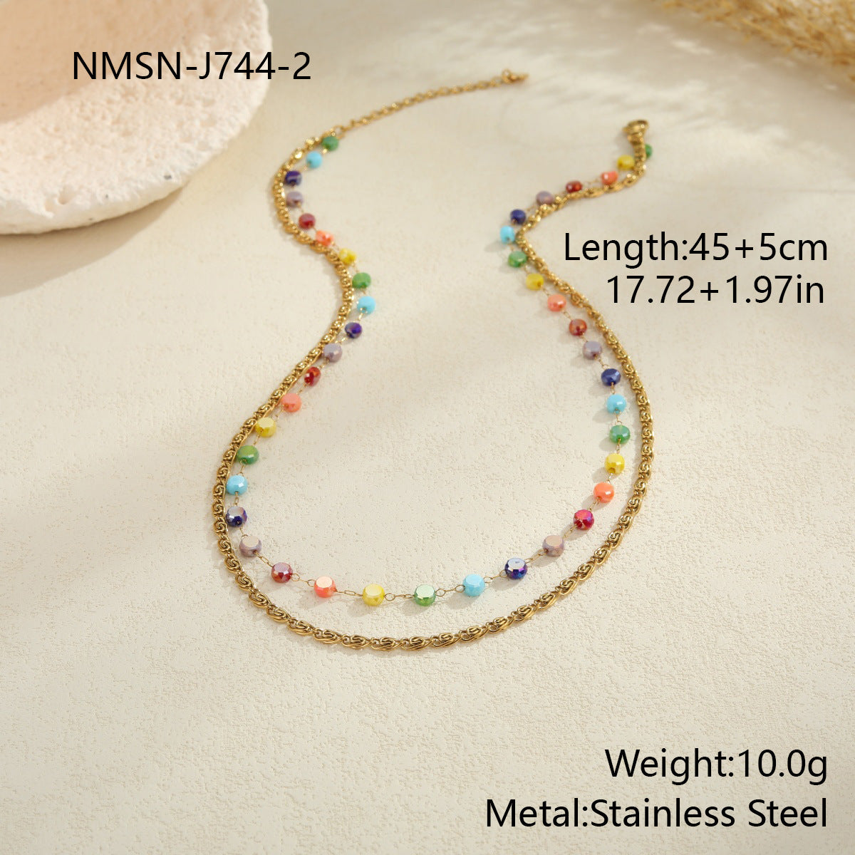 Colorful Beaded Stainless Steel Necklace Gold-plated Double Layer Twin All-match Clavicle Chain