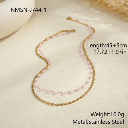 Colorful Beaded Stainless Steel Necklace Gold-plated Double Layer Twin All-match Clavicle Chain