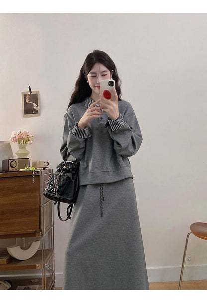 Large Size Gray False Two-piece Sweaters Skirt Two-piece Set For Women