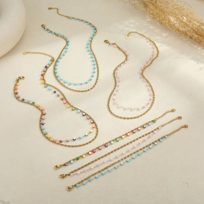 Colorful Beaded Stainless Steel Necklace Gold-plated Double Layer Twin All-match Clavicle Chain